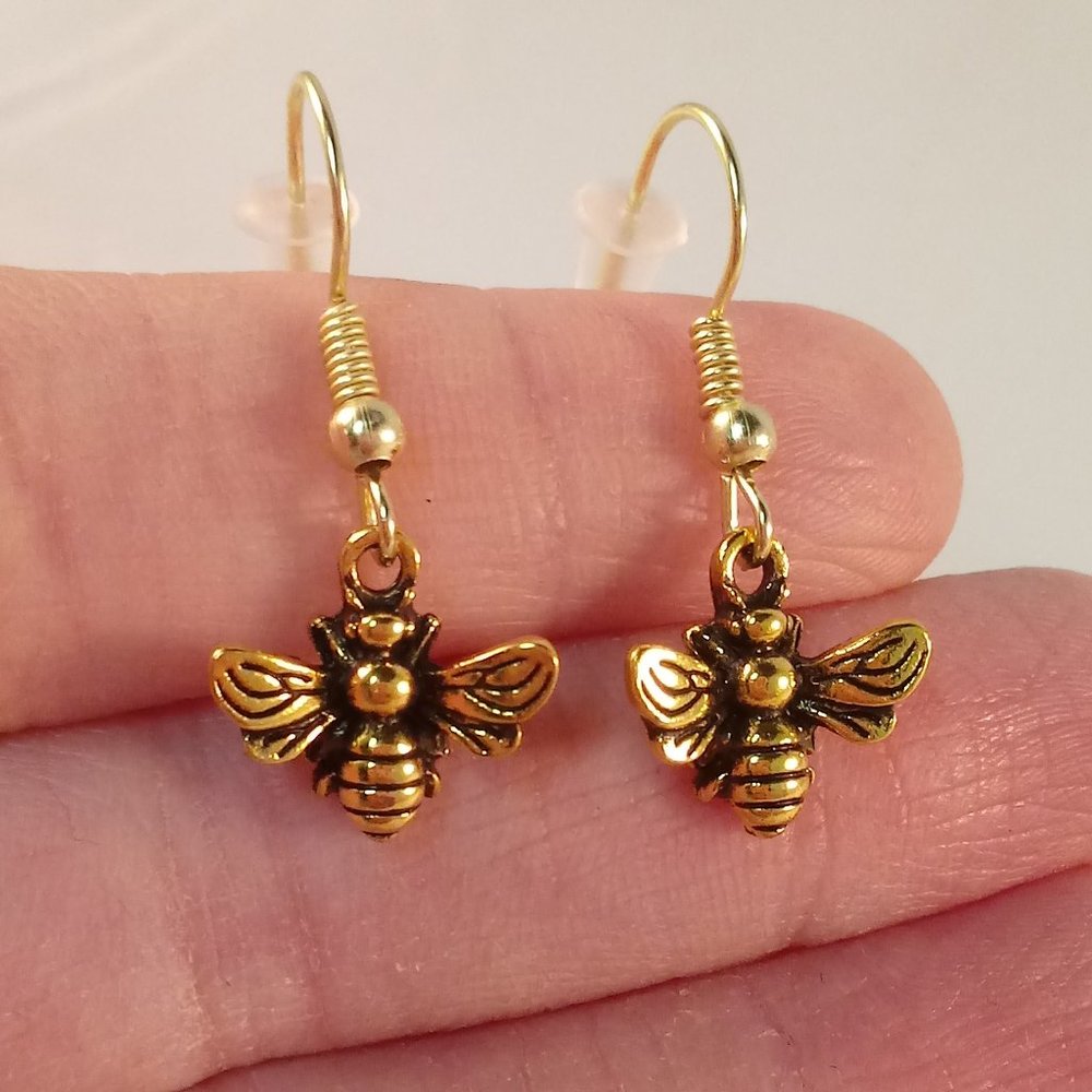 Gold Bumble Bee Drop Dangle Earrings Hypoallergenic Hooks Gorgeous Gift